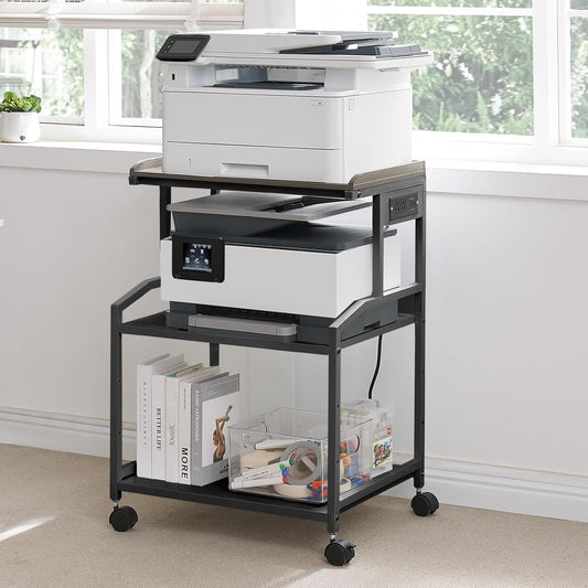 Lauren&Harold 34'' Printer Stand with Power Outlets & USB Ports, 3-Tier Adjustable Rolling Cart, Heavy Duty 150LBS Storage Table with Wheels for Office, Kitchen, Living Room, Black