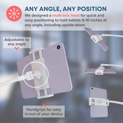 LEVO Adjustable Height Floor Stand for Tablet & Phone - Gooseneck Holder Mount with Stable Base - Compatible with All Cell Phones & Tablets (4-13 inch) - White