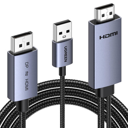 UGREEN 4K@60Hz Bidirectional HDMI to Displayport Cable Male to Male Adapter DP 1.2, HDCP 2.2, HDMI 1.4 4K@30Hz with USB Powered Compatible with Laptops, PC, Switch 2/PS5/Xbox/AMD/NVIDIA/Monitor, 6.6FT