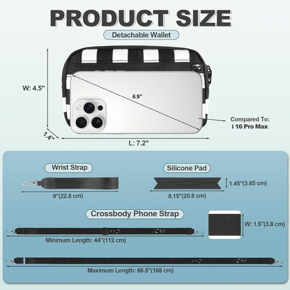 Clip and Go Strap for Phone with Wallet Crossbody, Adjustable Phone Lanyard with Detachable RFID Wristlet Wallet, Phone Strap with Phone Tabs for All Phones, Black Checkered (L)