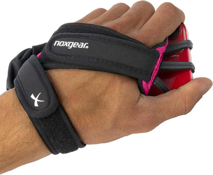 Noxgear Hand Held Phone Holder - Handheld Grip Phone Holder with Key Fob & Card Slot for Running, Jogging & Working Out - Compatible with All Phones - Machine Washable (Raspberry, Left Hand)