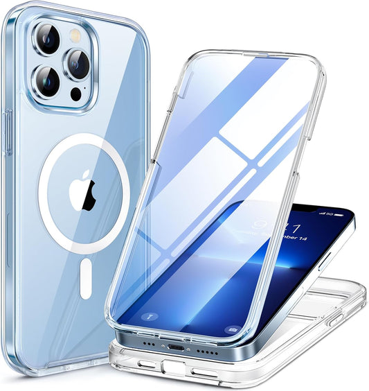 Miracase Magnetic for iPhone 13 Pro Max Case 6.7 inch, (Compatible with MagSafe) Upgrade Full-Body Clear Phone Bumper Case with Built-in 9H Tempered Glass Screen Protector, Magnetic Clear