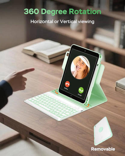 Keyboard Case for iPad 7th/8th/9th Generation 10.2'' 2019/2020/2021, 360° Rotatable Magnetic Keyboard Case with Pencil Holder Groove, 7 Color Backlit Wireless Detachable Keyboard (Green)