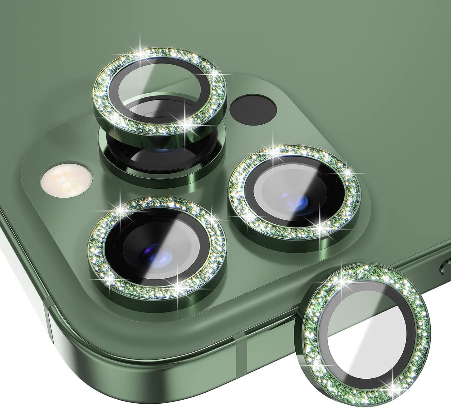 Choiche [3+1 for iPhone 13 Pro/iPhone 13 Pro Max Camera Lens Protector Bling, 9H Tempered Glass Camera Cover Screen Protector Metal Ring Decoration Accessories (Glitter-Alpine Green)