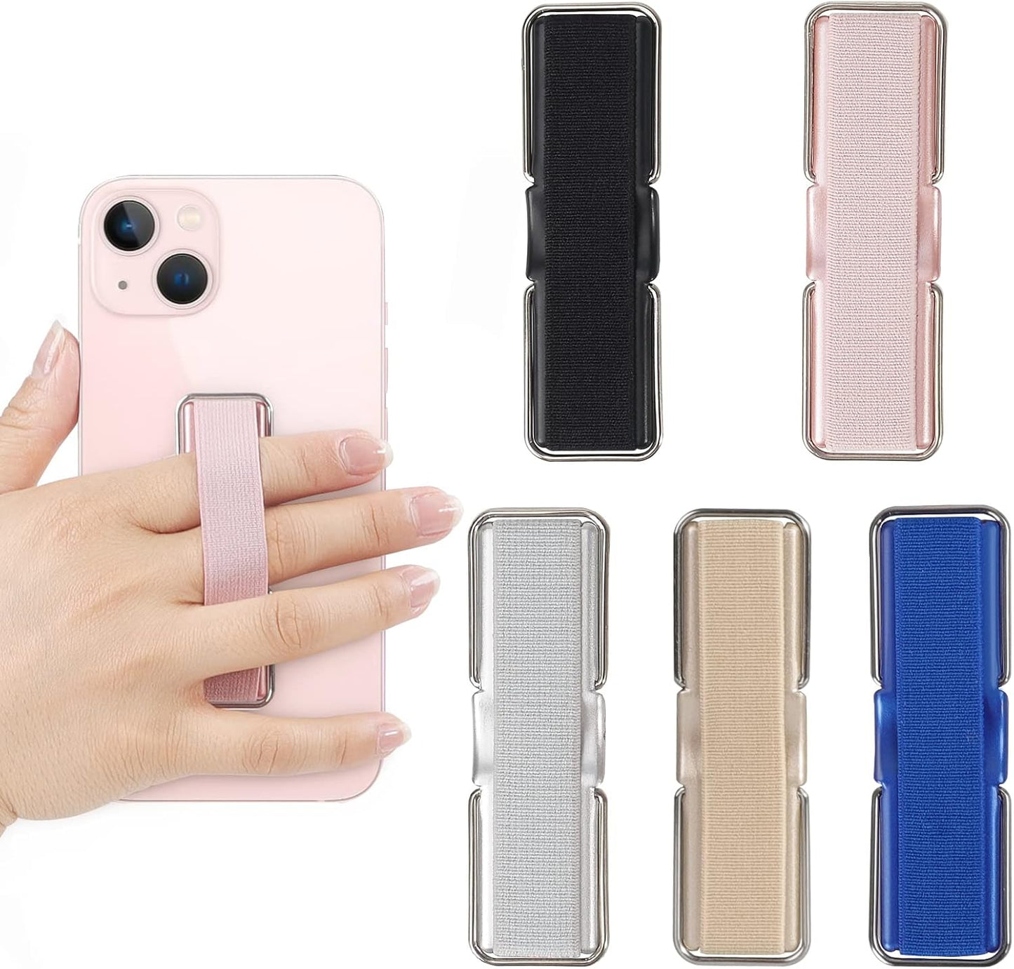 Phone Grip, 5 Pcs Phone Strap Holder for Hand Phone Loop Finger Holder Suitable for iPhone Samsung and Most Smartphones(Black, Silver,Rose Gold,Gold,Blue 5PCS)