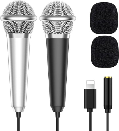 2PCS Mini Microphone for iPhone iPad Small ASMR Tiny Microphone for Voice Video Recording Singing, Vlogging, YouTube Two Mics Silver and Black