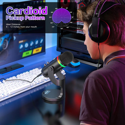 ZealSound USB Microphone for iPhone,Noise Cancellation Condenser mic with Touch Mute,Gain,Echo,Monitoring,RGB for iPad,PC,Podcast,Streaming,Twitch,YouTube,Discord,Computer,PS4,PS5,Mac,GamerWave K66