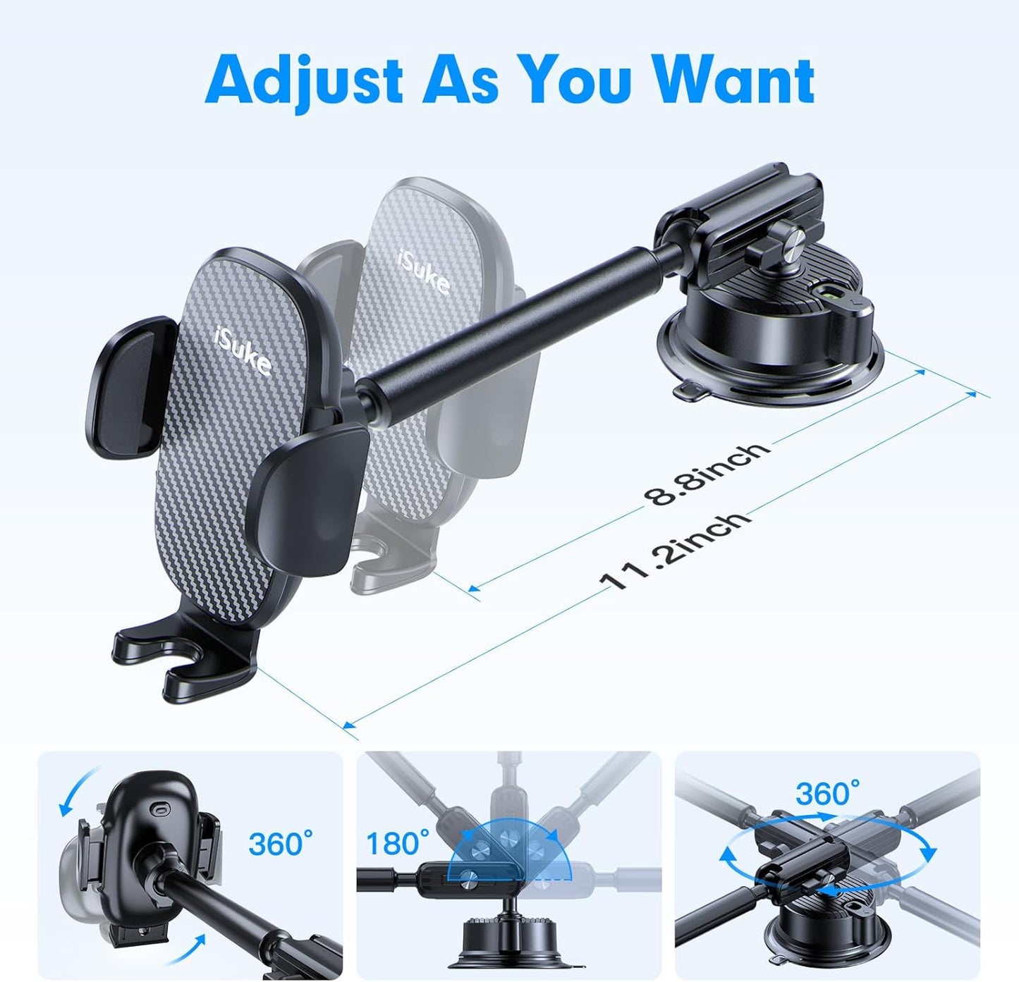 isuke Phone Holder for Your Car, [80+LBS Strongest Suction & Ultra-Durable] Aluminum Alloy Phone Holder for Car Dashboard Windshield, Car Phone Mount for iPhone Samsung & All 4-7 inches Smartphones