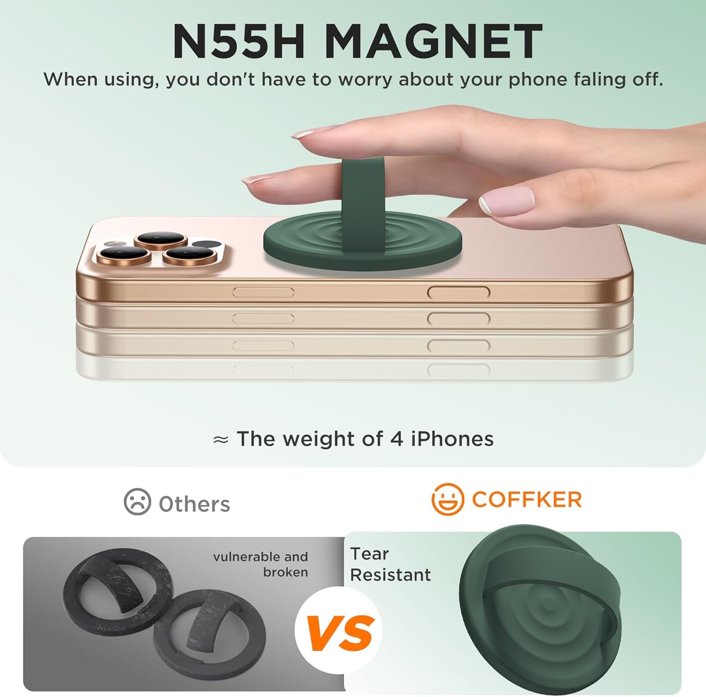 Magnetic Phone Ring Grip Holder, Silicone Finger Loop Grip, Compatible with MasSafe, Back of Phone for iPhone Pro Max/Plus/16/15/15/14/13/12 Series, Alpine Green