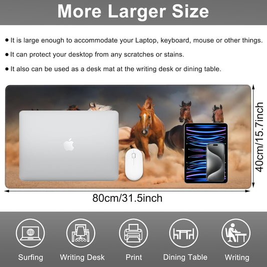 Mouse Pad, Large Running Horse Herd Desk Mat, Extended Non-Slip Gaming Keyboard Mousepad Desk Pad, Thick Stitched Edges Waterproof Mouse Mat 31.5"x15.7" (Horse Herd in Desert Sand Storm)