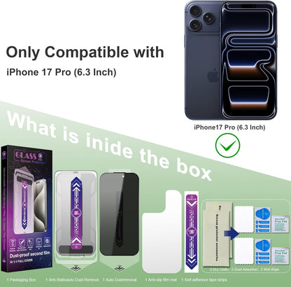 Privacy Screen Protector for iPhone 17 Pro 6.3-Inch, Auto Dust Removal, 9H Tempered Glass, Full Cover, Anti-Fingerprint, Easy Installation,2 Pack