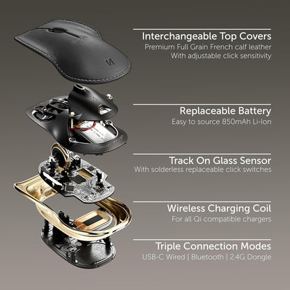 LUNAR ARTEFACTS Ambidextrous Rechargeable Bluetooth Wireless Computer Mouse Black French Leather and Gold Tone Plated Aluminum, Qi Enabled USB-C