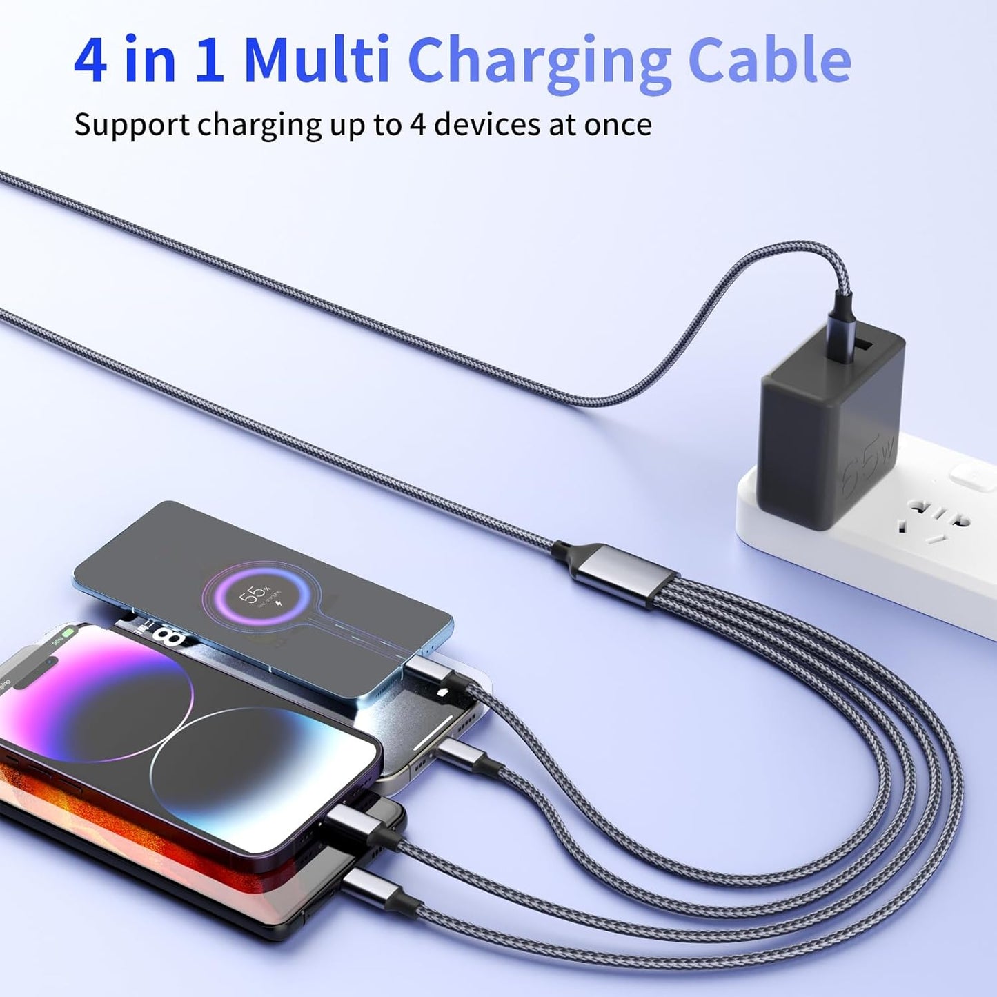 USB C Multi Charging Cable [1Pack 5FT], 4 in 1 Charging Cable Nylon Braided USB-C Multiple Charger Cord with Micro USB,IP Port and 2 Type C Adapter Port for iPhone 16/15 Series/Cell Phones and More