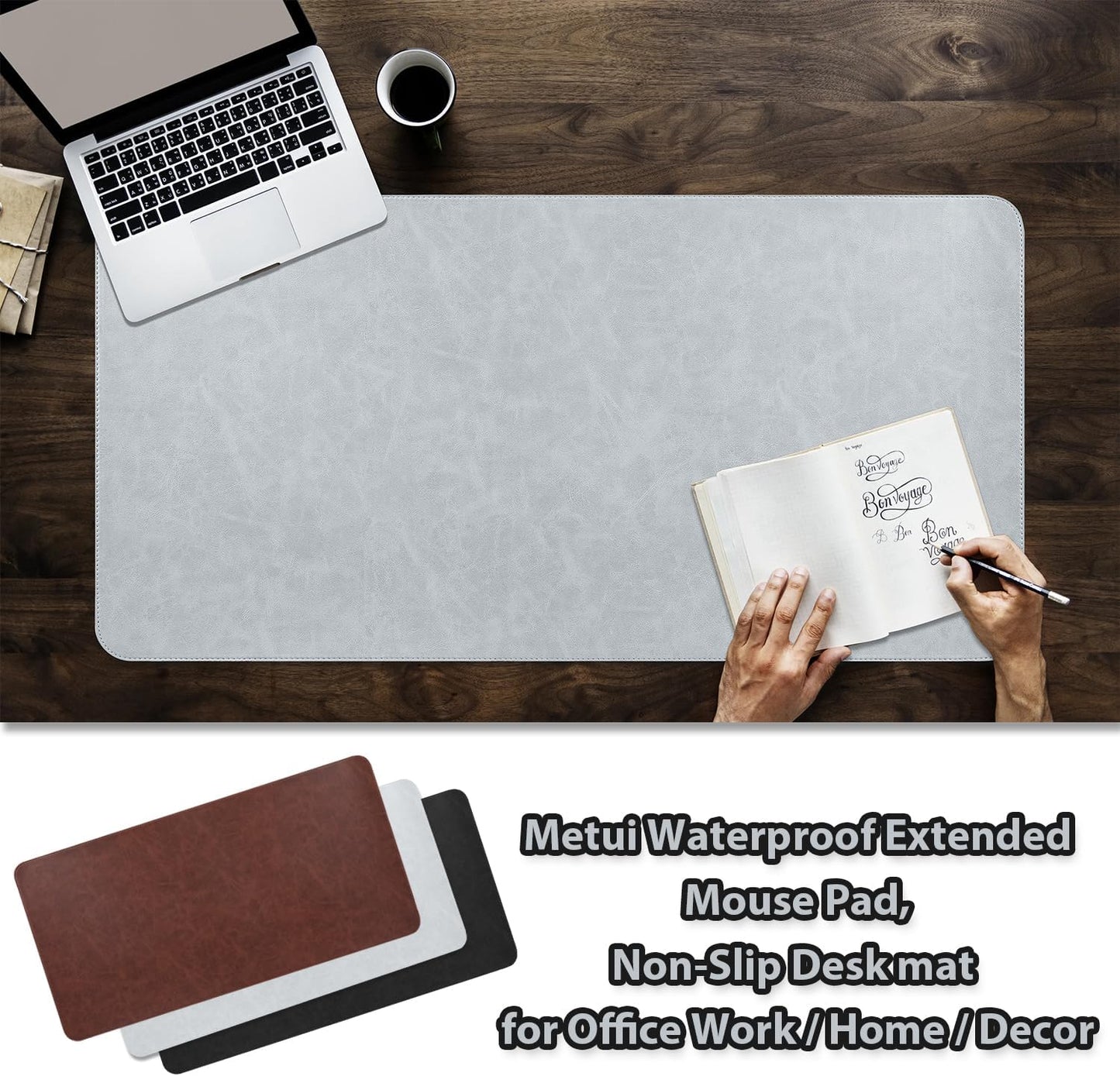 Leather Desk pad for Computer and laptops, Ideal for Gaming and Office use, Large Mouse pad and Keyboard mat,Desk mat for Man. A complimentary Wrist pad and Phone Stand.(Gray-White, 17.7" x 39.37)