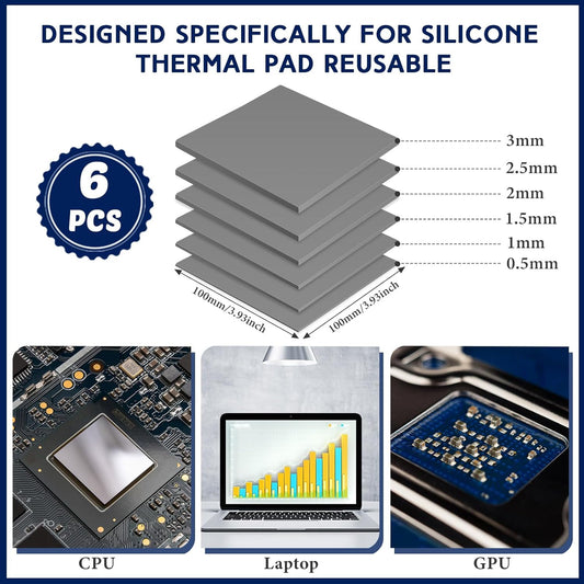 Frienda 6 Pcs Thermal Pad 100 x 100 mm, 0.5 mm, 1 mm, 1.5 mm, 2 mm, 2.5 mm, 3 mm Heat Resistant Conductive Silicone Thermal Pads Conductivity 6.0 W/M for Laptop Heatsink CPU GPU LED Cooler(Gray)