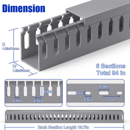 94.5in(6X L15.7in) Professional Server Rack Cable Management Raceway, H1.6in x W1.2in Cable Raceway Kit, Electrically Safe PVC Open Slot Wire Raceway for Under Desk/Computer/Network Cords, Grey