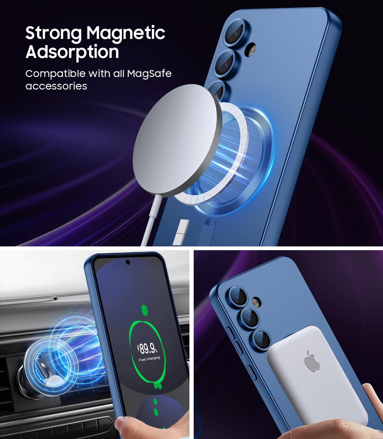 Magnetic for Samsung Galaxy S24 FE Case [Compatible with MagSafe][Built-in Camera Lens Protector] Slim Soft Silicone Bumper Shockproof Metallic Luster Phone Cover (Blue)