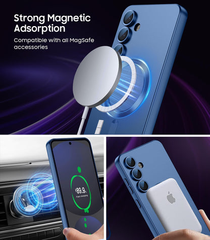 Magnetic for Samsung Galaxy S24 FE Case [Compatible with MagSafe][Built-in Camera Lens Protector] Slim Soft Silicone Bumper Shockproof Metallic Luster Phone Cover (Blue)