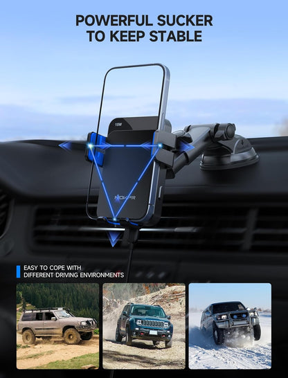 MOKPR Wireless Car Charger, 15W Auto Clamping Car Charger Dash Windshield Air Vent Phone Holder Compatible with iPhone 16 15 14/13/13 Pro/12 pro/12/11/X/8, Samsung S24/S23/S22, Blue