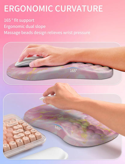 Hokafenle 2in1 Combination, Wave Keyboard Wrist Rest and Ergonomic Curvature Mouse Pad Wrist Support for Relieve Wrist Pain, Filled with Soft Cushion Memory Foam, Golden Pink Marble