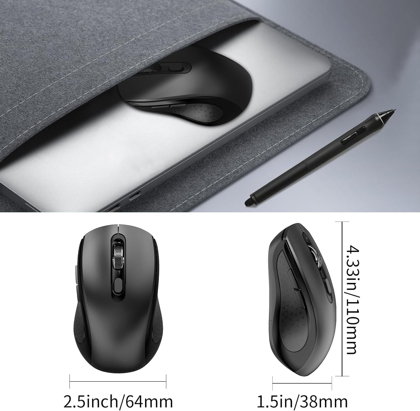 Wireless Mouse Ergonomic, Side Buttons Mouse, 2400 DPI, Silent and Anti Slip Roller Cordless Mice, 2.4Ghz with USB Receiver, 6 Buttons, Suitable for Laptop PC Chromebook and Windows 11/10/7 - Black