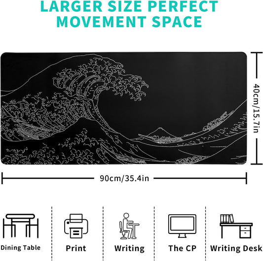 Japanese Sea Wave Large Mouse Pad Abstract Black Mouse Pad 31.5x11.8 Inch Black Kanagawa Texture Non-Slip Rubber Base Large Ocean Mousepad Stitched Edge Keyboard Mouse Mat Desk Pad for Office and Home