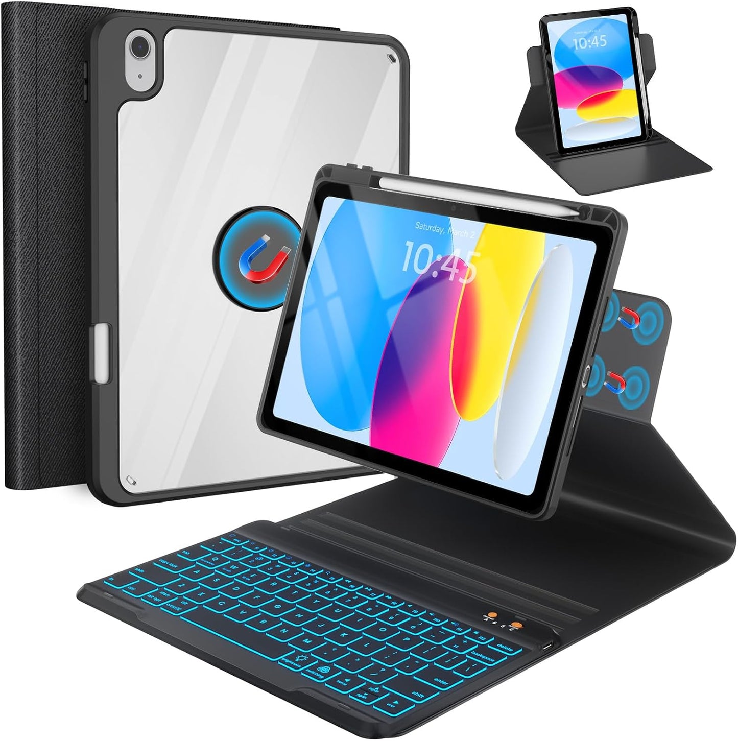 BLUTLOTUS for iPad 11th (A16) 10th Generation Case with Keyboard (2025/2022) - 360° Rotatable Magnetic Folio Cover, 7 Color Backlit Detachable Keyboard with Pencil Holder (Black)