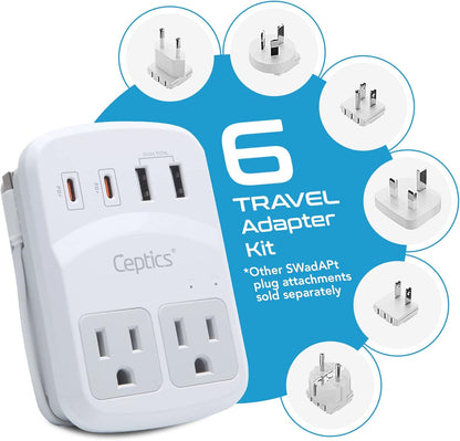 Ceptics World Travel Adapter Kit 2 USB-A, USB-C US Outlets, 20W/QC 18W Power Delivery, Surge Protection, SWADAPT Compatible for Europe, UK, China, Australia, Japan Perfect Laptop (WPS-5B)