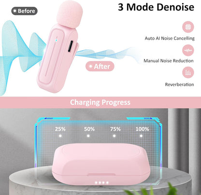 2 Pack Wireless Lavalier Microphone for iPhone iPad Android with Charging Case - 7H Clip on Lapel Microphone Wireless for Video Recording Vlogging, YouTube, Interview, 3 Mode Denoise (Pink)