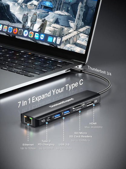 USB C Hub Multiport Adapter, DockteckExpand USB C Dongle 7 in 1 with 4K 60Hz HDMI Port, 1Gbps Ethernet, 100W PD, 2 USB 3.0 Ports, SD/TF Card Reader for MacBook iPad HP Dell XPS and More