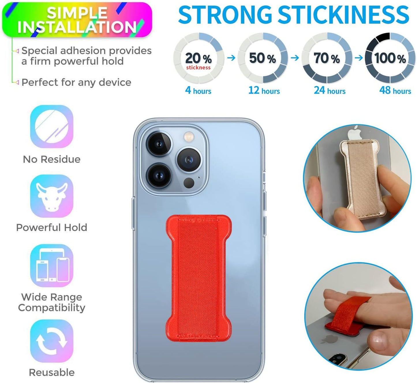 Phone Grip Strap Holder for Hand, Universal Finger Strap Phone Holder, Finger Loop Selfie Grip Compatible with Most Smartphones (Black Red) - 2Pack