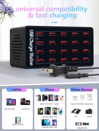 Charging Station, 100W20Port USB Charging Station, Multiple USB Charger Station, Charging Station for Multiple Devices, Multi USB Charging Station, Chargers for Multiple Devices, black