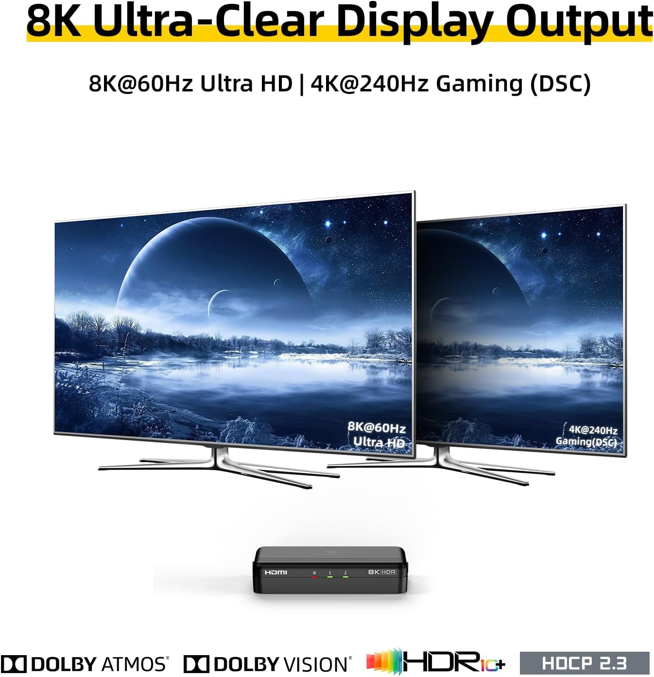 8K HDMI Splitter 1x2 – 1 in 2 Out, 8K@60Hz, 4K@240Hz (DSC), HDCP 2.3, 48Gbps, EDID, Auto Downscaling, Duplicate/Mirror Screens, Compatible with Dual Monitors, TV, PS5, Amplifier