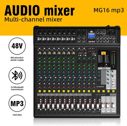 Audio Mixer Bluetooth G-MARK Professional Mixer Usb Interface Sound Board Console System 16 Channel Digital MP3 Computer Input 48V Phantom Power Stereo DJ 24-Bit SPX Effects Mixing Console