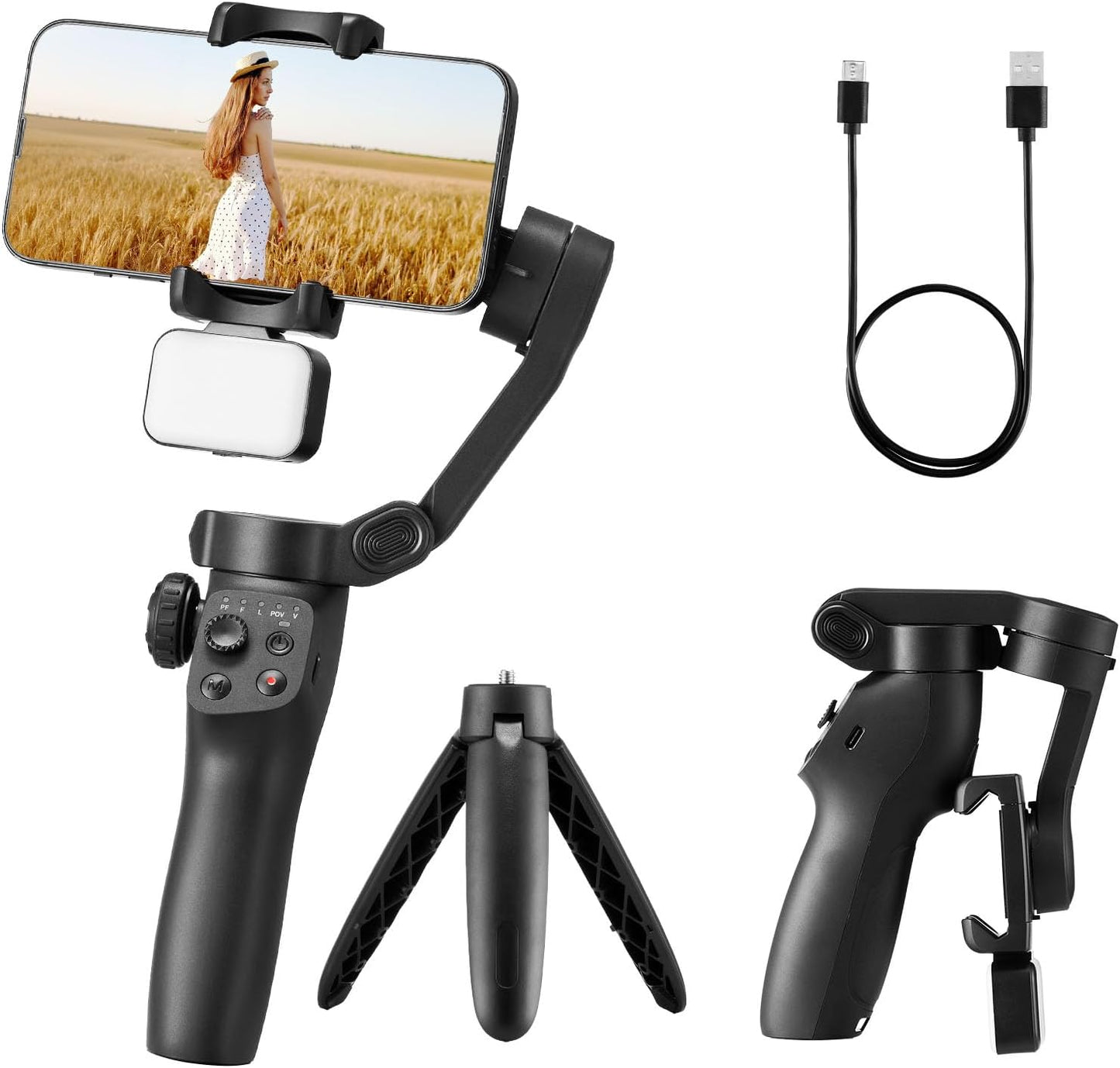 VEVOR Gimbal Stabilizer for Smartphone, 3-Axis Stabilization, Phone Gimbal for Android & iPhone with Magnetic Fill Light, Face Tracking, Gesture Control, Phone Stabilizer for Video Recording Vlogging