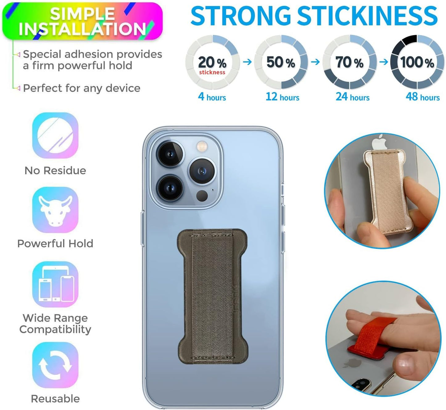 Phone Grip Holder for Hand, Universal Finger Strap Phone Holder, Finger Selfie Grip Compatible with Most Smartphones (Gary) - 2Pack