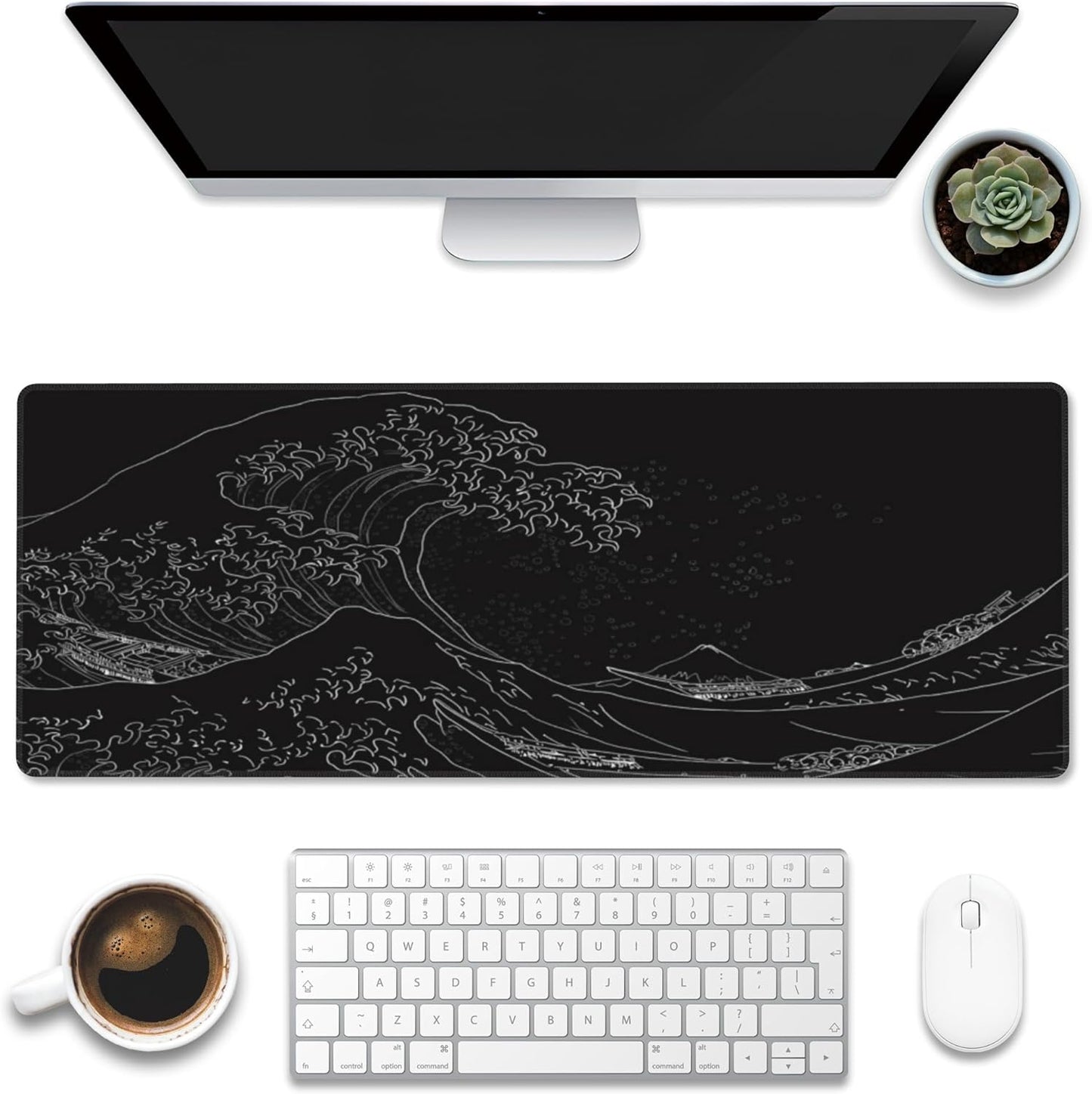 Desk Mat,Black Japanese Sea Wave Desk Pad,Japanese Sea Wave Large Gaming Mouse Pad for Desk,Extended Big Computer Keyboard Mouse Pad with Non-Slip Base and Stitched Edge,31.5"x11.8"