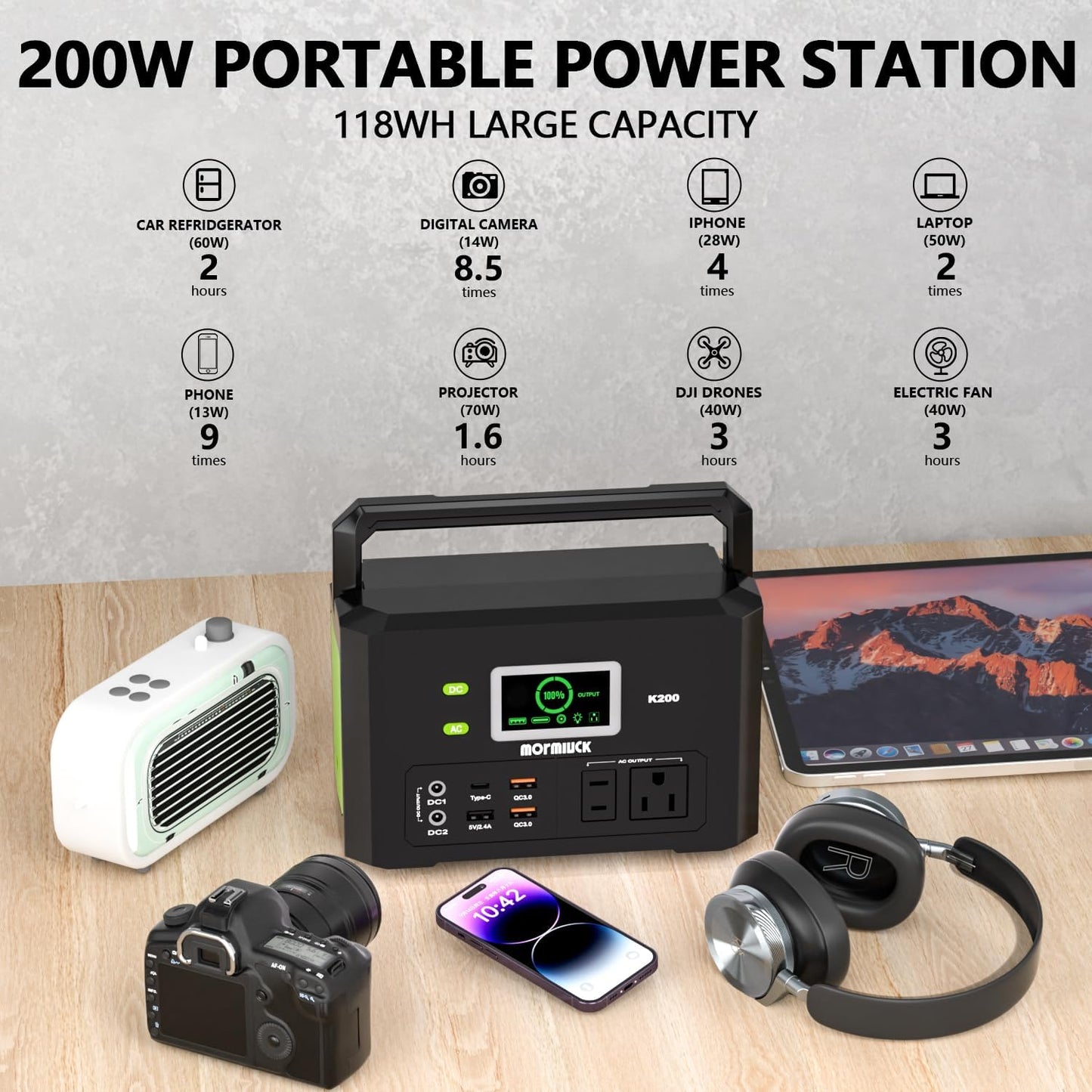 Portable Power Station 200W (400W Peak),118Wh solar power station with 110V/200W AC Outlet,32000mAh Backup Lithium Battery Generator for Home Backup Outdoor Emergency RV