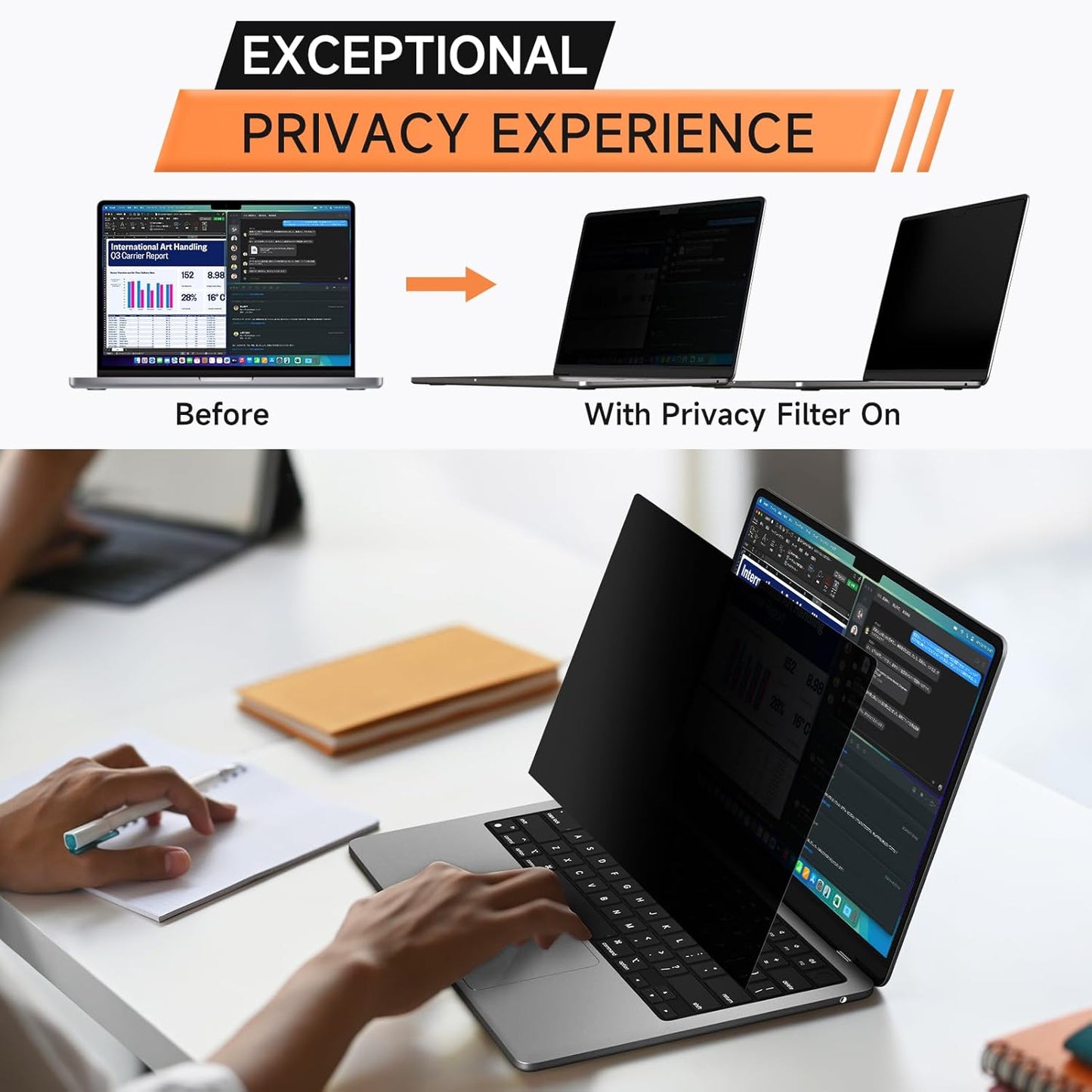 Privacy Screen for MacBook Air 13.6 & 13 Inch 2022-2025 (M2, M3, M4), Matte Anti Glare Blue Light Filter, Nano No Glue Anti Spy Black Protector for Mac Air 13In Laptop Computer