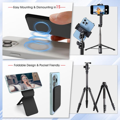 Phone Stand, Foldable Magnetic Phone Tripod, Angle Adjustment & Strong Magnets PU Leather Phone Stand, Compatible with All Smart Phone 16/15/14/13/12 (Black)