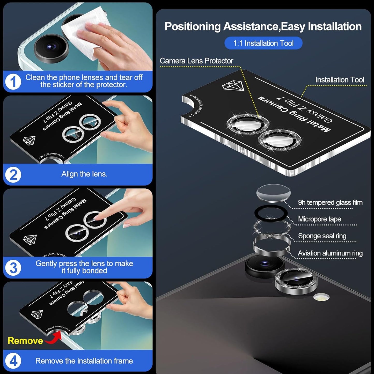 for Samsung Galaxy Z Flip 7 Camera Lens Protector, Individual Metal Ring Tempered Glass Lens Cover, [Strong Adsorption] Scratch Resistant Ultra-Thin HD Clear Lens Cover, 1 Set-Black Sparkly