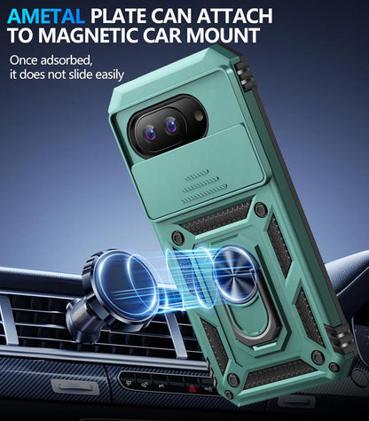 Taisairu for Google Pixel 9A Case with Screen Protector & Slide Camera Lens Cover,Built-in 360°Rotate Magnetic Ring Stand Shockproof Protective Phone Case for Google Pixel 9A Case (Green)