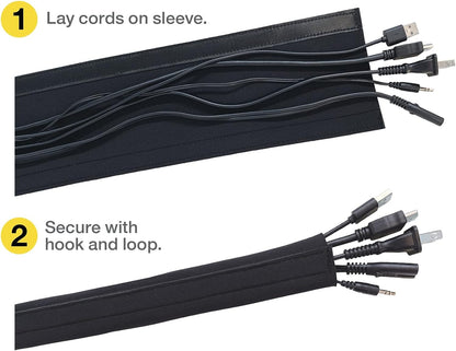 Hook and Loop Cable Sleeve by Wrap-It Storage - 120" x 4.5" Black - Cut to Size Cord Organizer and Cable Protector for Desk, TV Cord Management to Hide and Cover Wire and Extension Cords