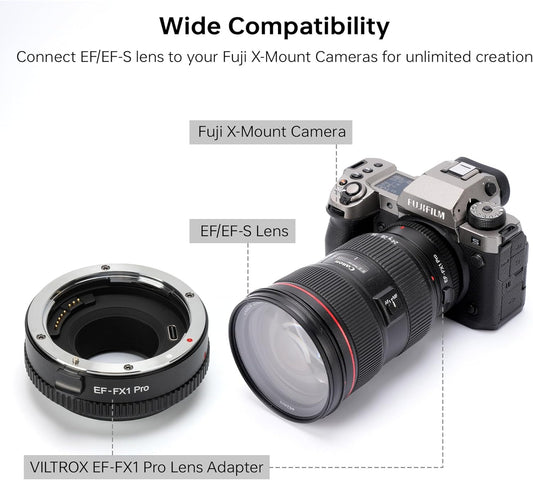 VILTROX EF-FX1 PRO Auto Focus Lens Mount Adapter Converter with Aperture Control Compatible with Canon EF/EF-S Lens to Fuji X-Mount Mirrorless Camera X-H1 X-PRO2 X-T2 X-T3 X-T1 X-T20 X-T10 X-E2 X-E1