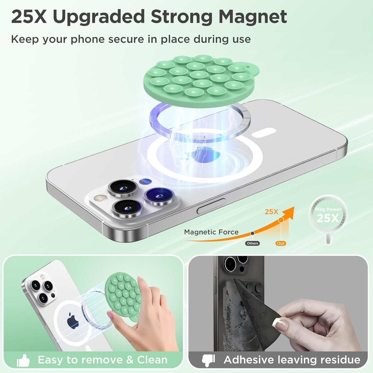 Magnetic Suction Cup Phone Mount for MagSafe Case, Silicone Hands-Free Grip Holder for iPhone and Android, Mirror Shower Phone Stand for Makeup FaceTime Gym Kitchen Bathroom, Spearmint Green