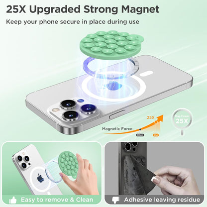Magnetic Suction Cup Phone Mount for MagSafe Case, Silicone Hands-Free Grip Holder for iPhone and Android, Mirror Shower Phone Stand for Makeup FaceTime Gym Kitchen Bathroom, Spearmint Green