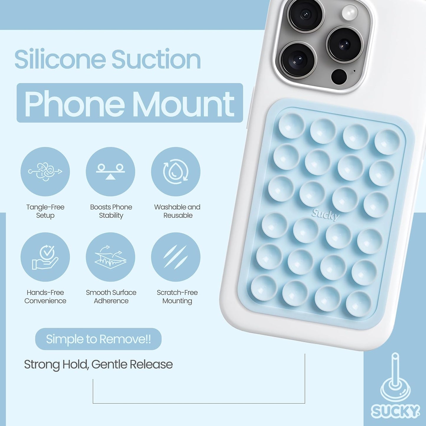 SUCKY Silicone Suction Phone Case Adhesive Octo Cup Buddy Mount - Anti-Slip Holder, Hands-Free Phone Accessory for iPhone & Android - Sticky Grip for Selfies, Videos - Baby Blue