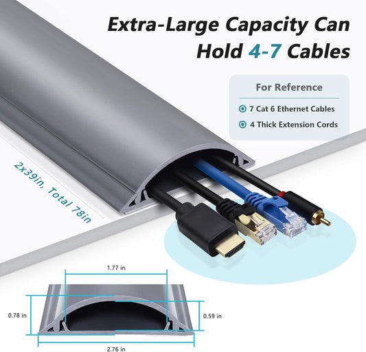 Cord Cover 6.6ft(2xL3.3Ft), Large Capacity Gray PVC Cord Hider - Hard Floor Wire Cover for Cable Management - 1.8" W x 0.6" H