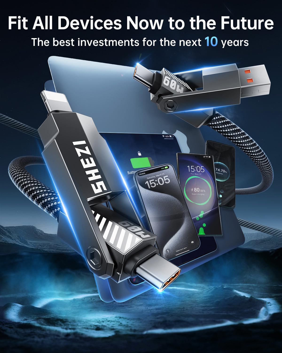 SHEZI Nylon Braided 4 in 1 USB C Cable 60W 3FT Compatible with Lightning Cable, Fast Charging for iPhone/iPad Charger Cord [480Mbps Data Sync],Multi Charging Cable with Type C/USB A, Grey