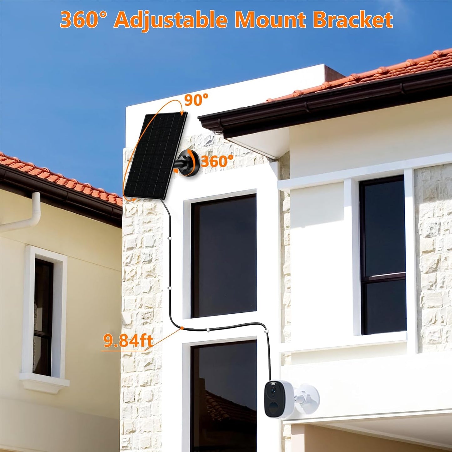 FUTUREZEN 6W Solar Panel for Security Camera Outdoor, 5V USB/USB-C Solar Charger Compatible with Rechargeable Battery Cameras, IP66 Waterproof, 360° Adjustable Mount, 9.8ft Cable (1 Pack, Black)